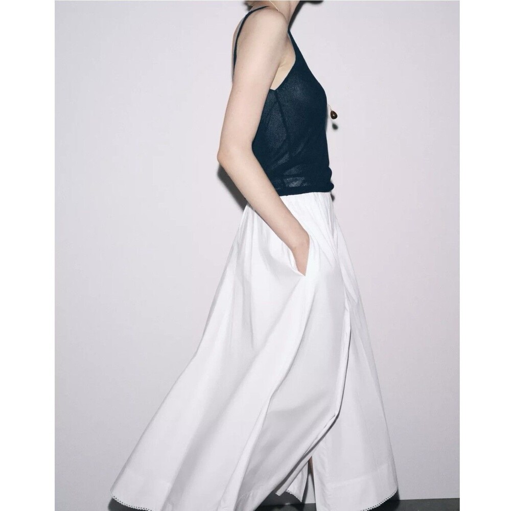 Zara 100% Cotton Poplin Midi Skirt Sz XS White - Picture 4 of 11